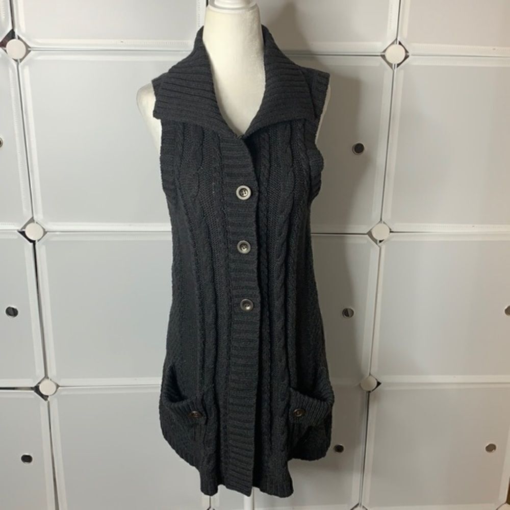 FYLO Dark Gray Sleeveless Button Front Pocket Knit Cardigan Size Small